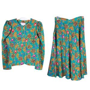 Vintage Megan Moore floral blazer and jewel print skirt set